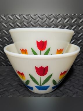 Vintage 1950's Fire King Oven Ware Tulip Milk Glass Nesting Bowls Set of 2